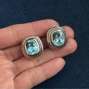 David Yurman 925 Sterling Silver 14K Gold Albion Cushion Cut Blue Topaz Earrings